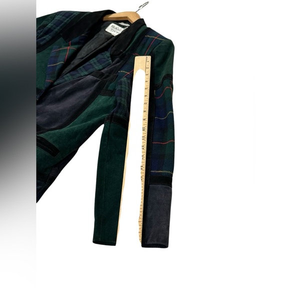 Brandon Thomas Plaid Suede Patchwork Blazer Jacket Green Vintage Womens Small - Picture 7 of 9